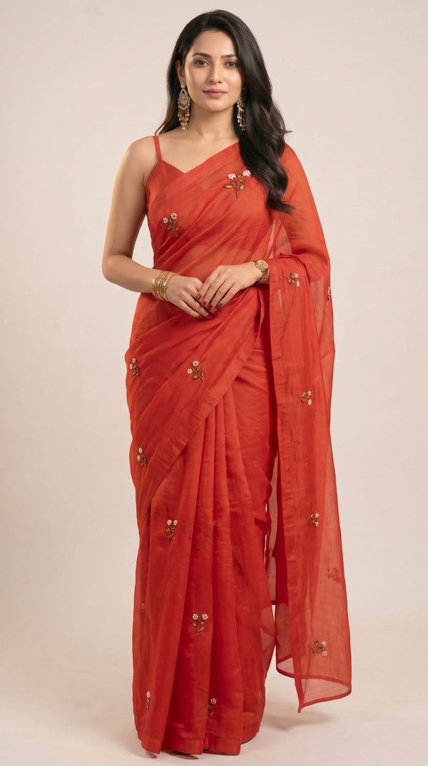 Flame Flower Embroidered Saree